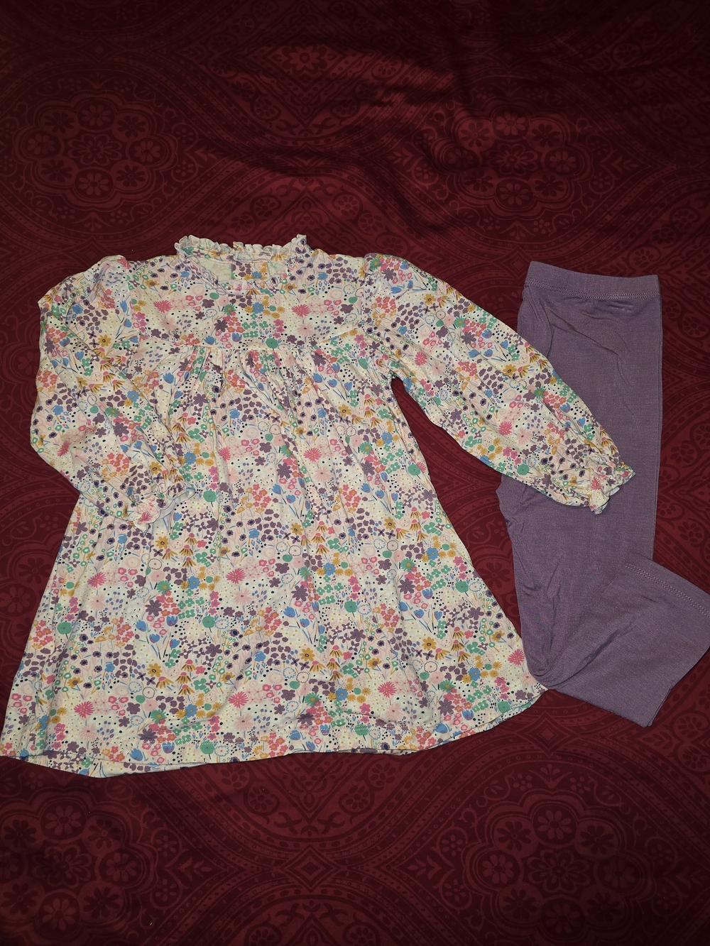 Floral Multicolor Girls' Pajama Set with Purple Leggings